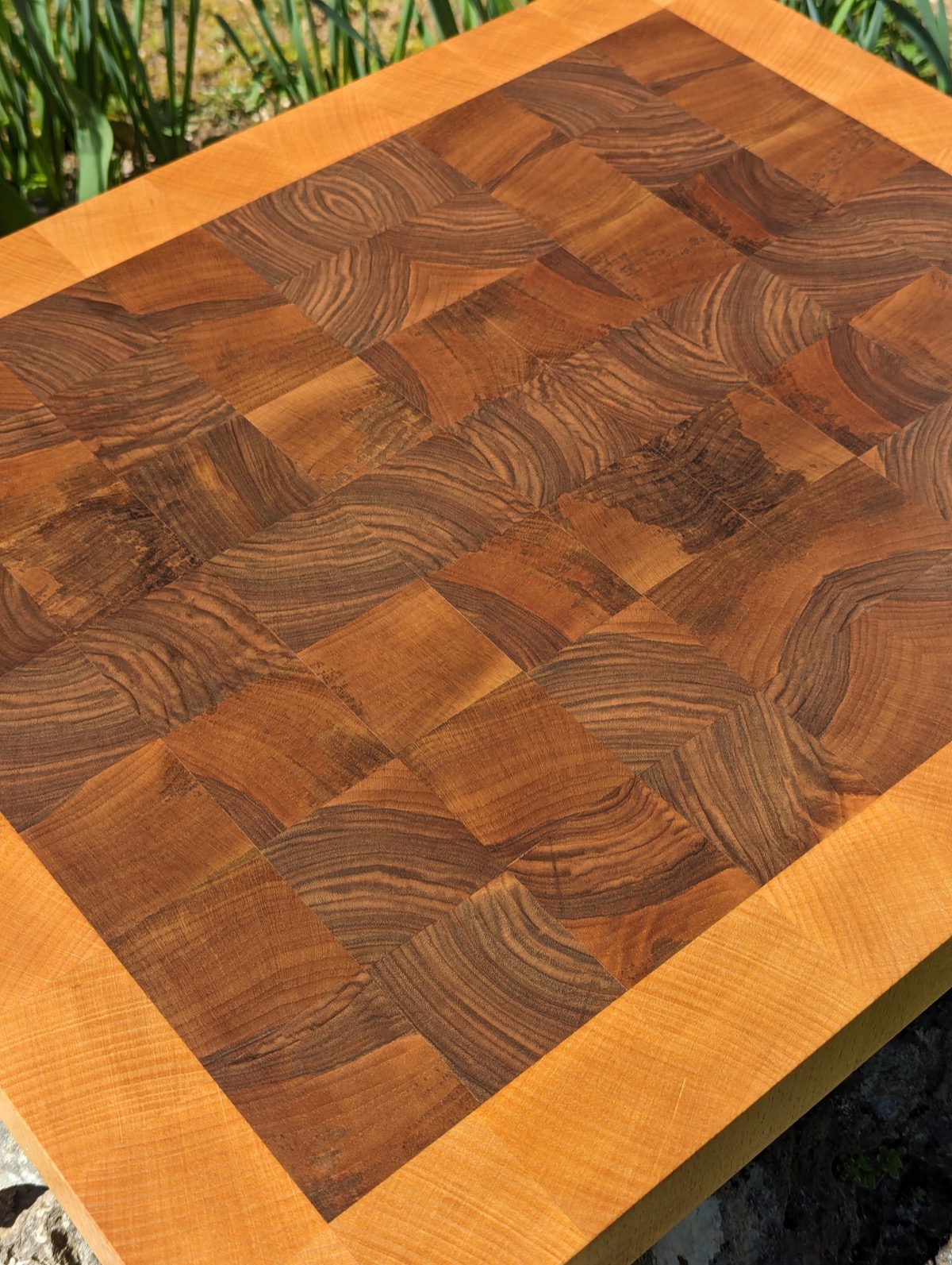 Close-up of the finished, oiled end grain checkerboard