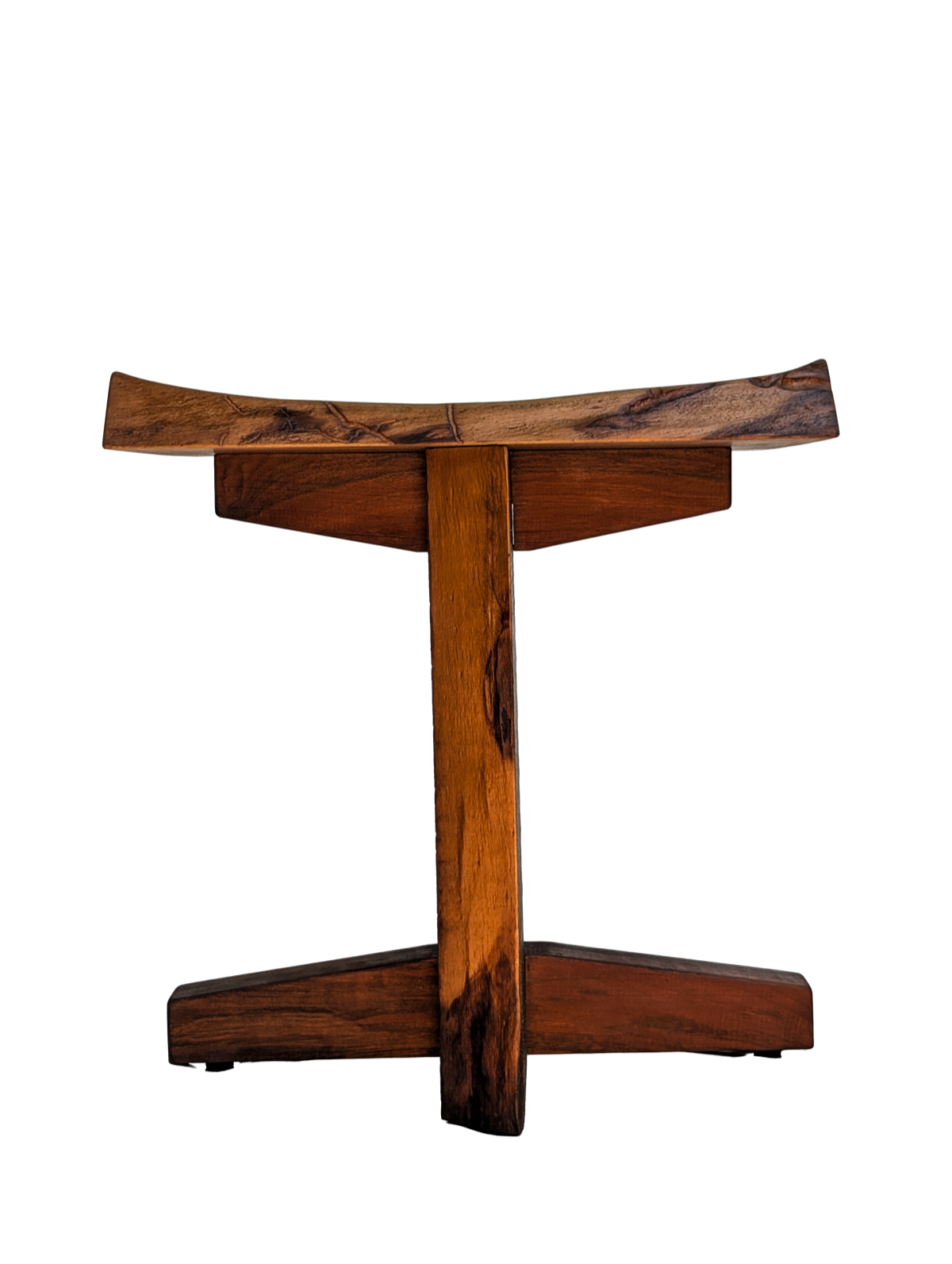 Full face view of the stool with the background removed, showing the seat curve and the cross leg